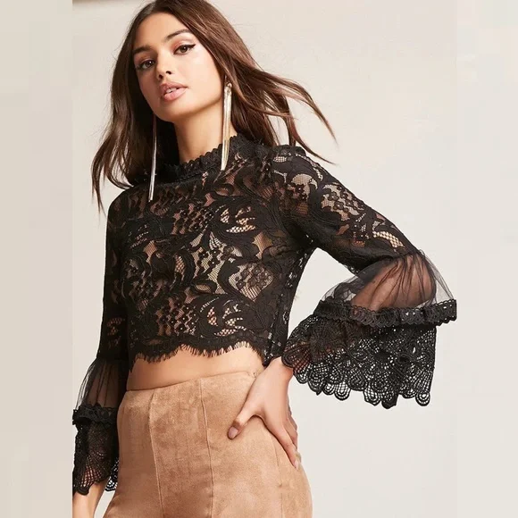 Forever 21 Tops Lace Bell Sleeve Crop Top Poshmark